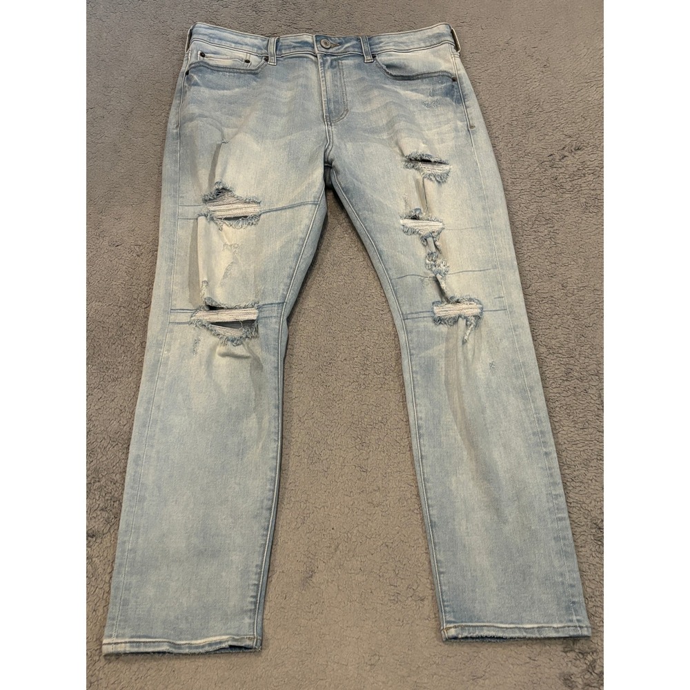 PacSun Mens Slim Taper Distressed Light Wash Ripped Denim Jeans 32x30